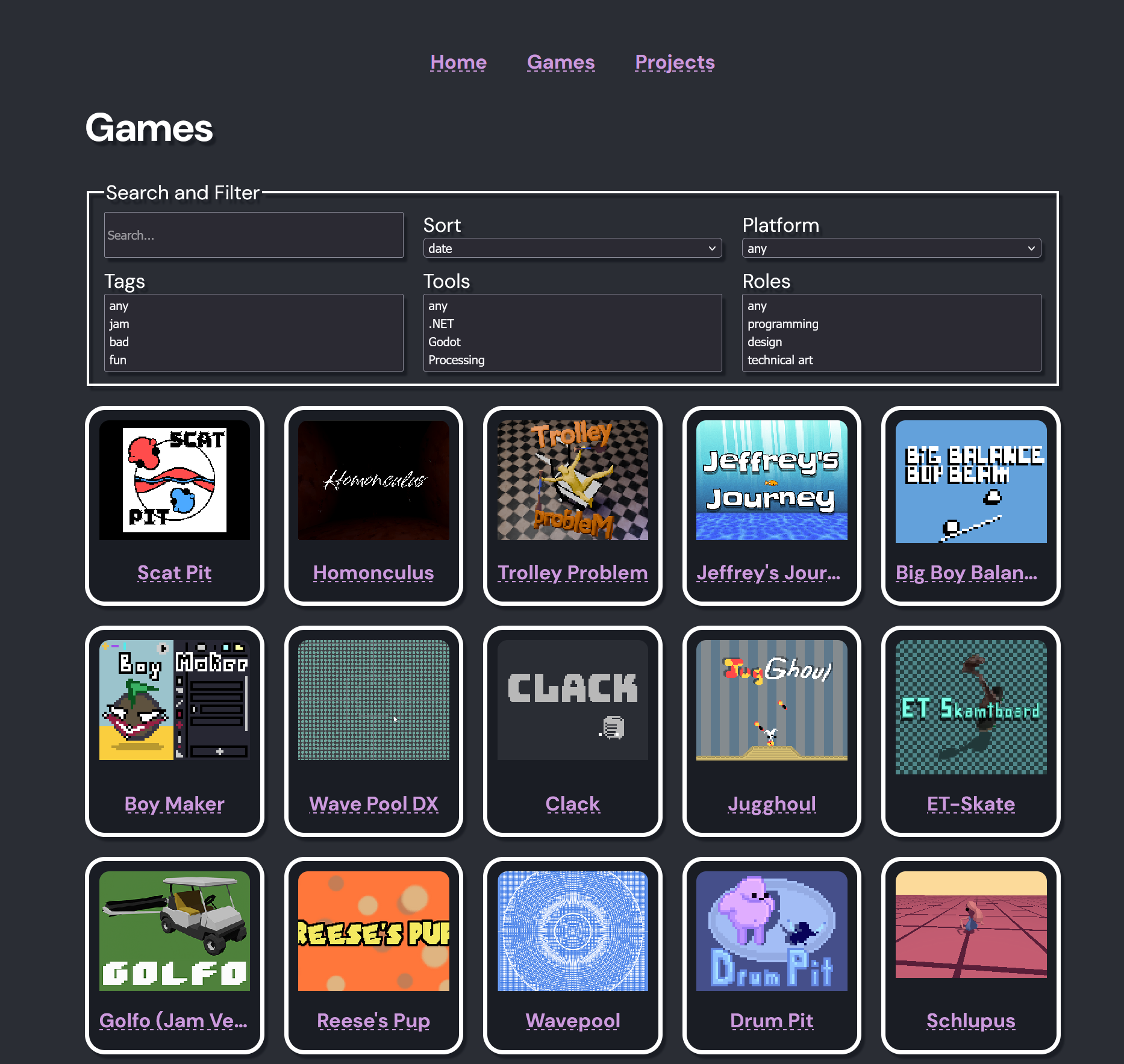 Screenshot up updated games page layout with search and filters using native web components contained in a fieldset
