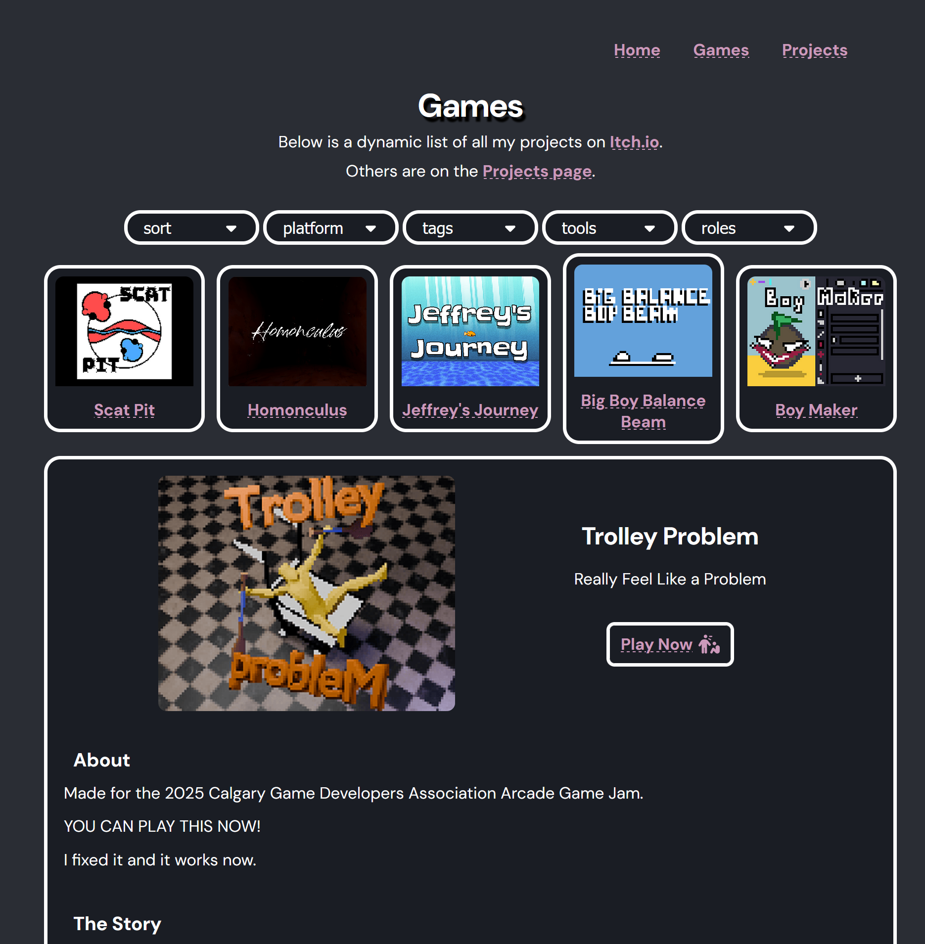 Screenshot of old game description display embedded into list page as enlarged tile