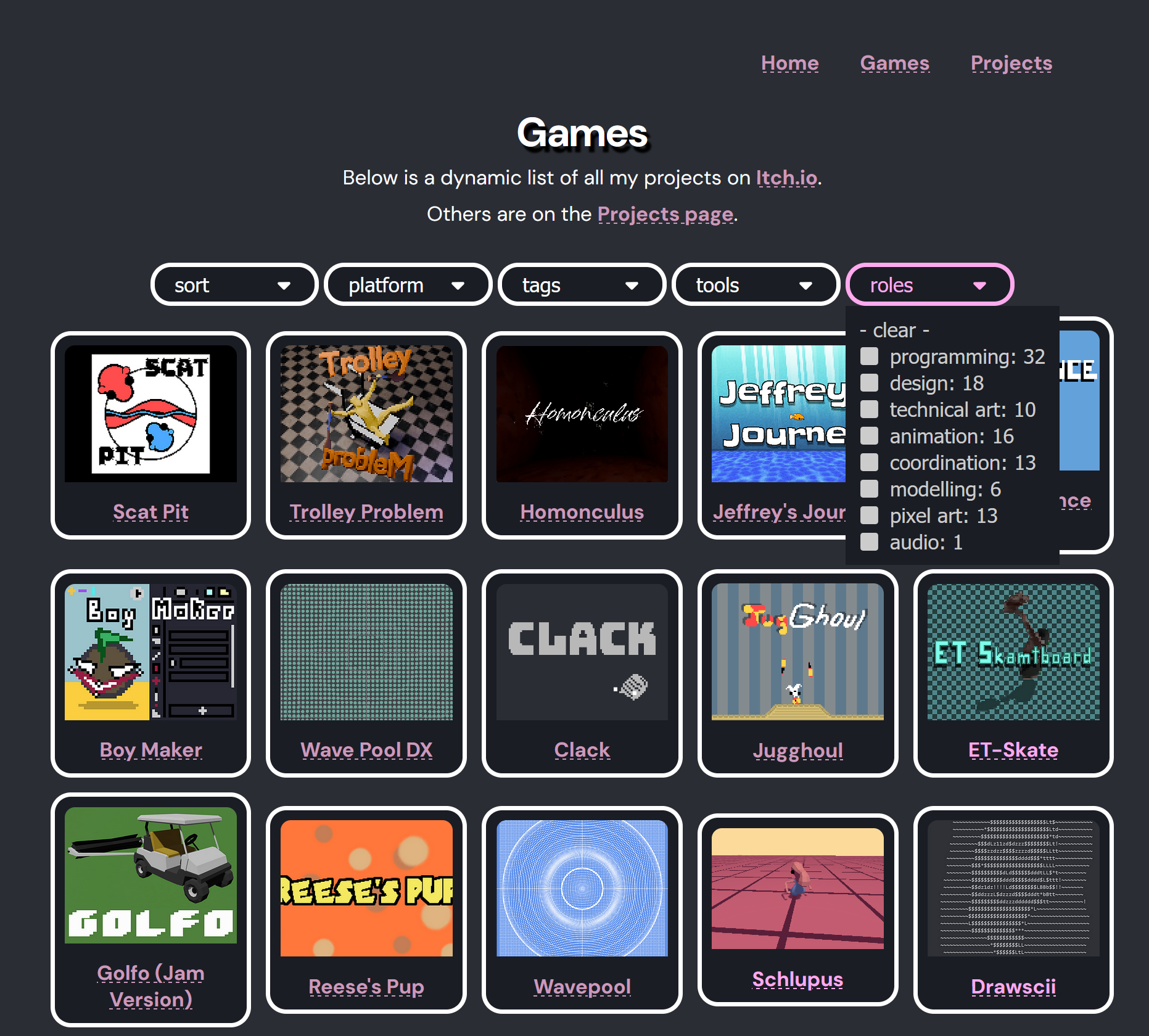 Screenshot of old games page layout with roles filter expanded