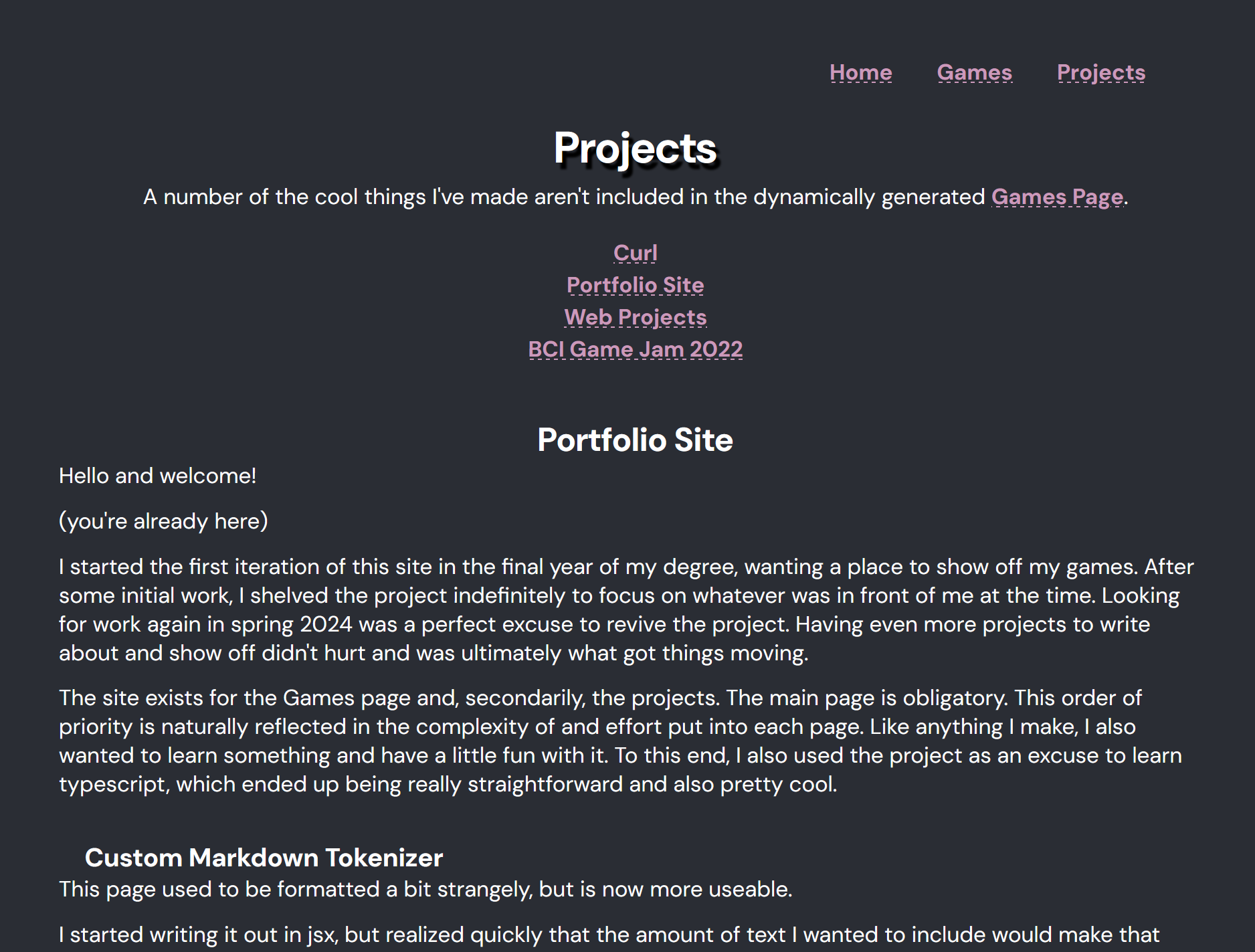 Screenshot of old projects page layout with text content embedded beneath a list of links